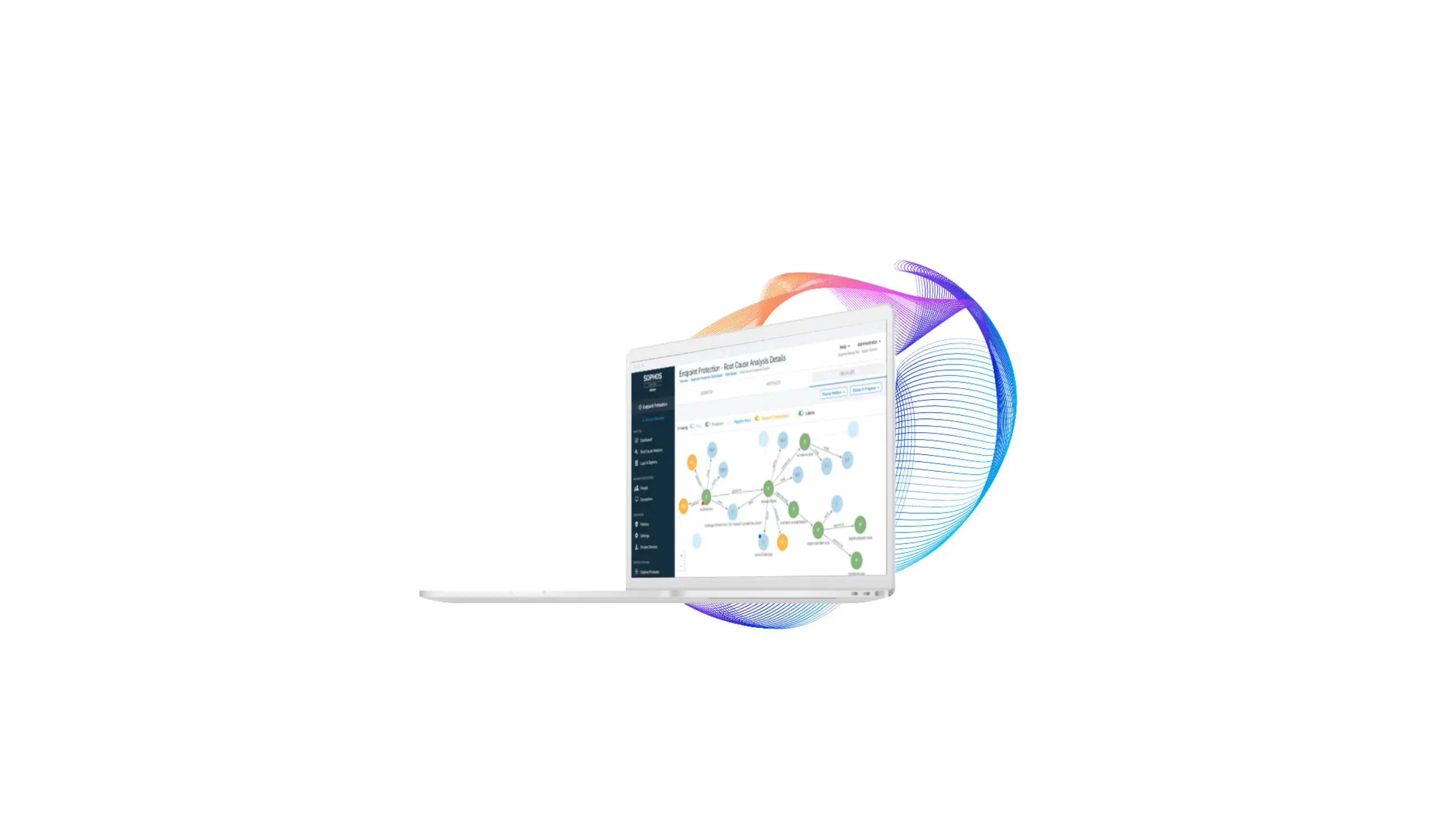 Portátil mostrando el panel de control de amenazas de Sophos con ondas digitales de colores, representando vigilancia activa.